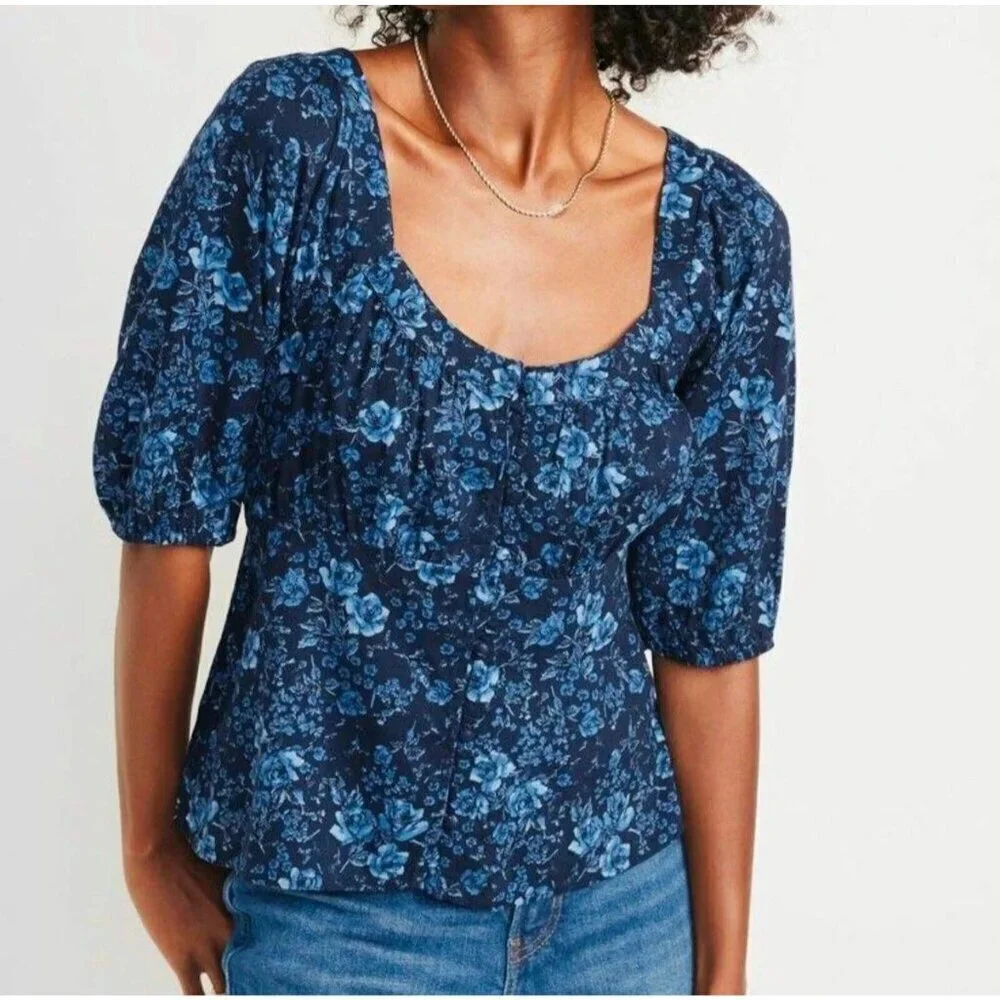 Old Navy Blue Floral Puff Sleeve Blouse Stretch S